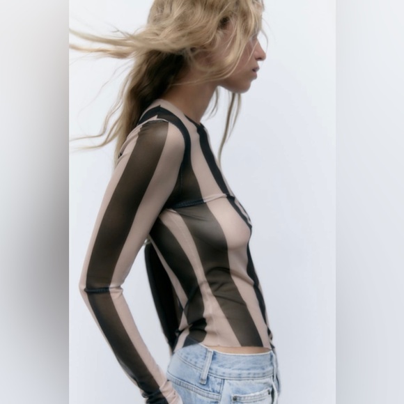 ZARA Sheer Striped Tulle Top - Picture 2 of 11